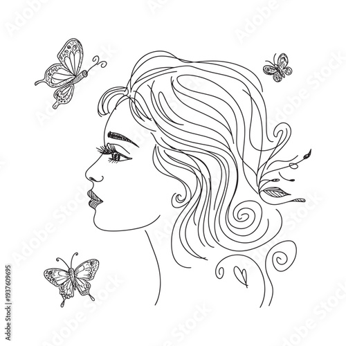 A delicate sketch depicts a woman s profile adorned with butterflies and floral embellishments in her hair