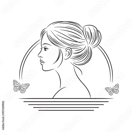 Elegant line art depicts a woman s profile with an updo butterflies and abstract wavy lines