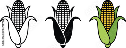 Corn on the cob icon set with outline, black solid and flat yellow styles, agriculture food vegetable vector illustration collection