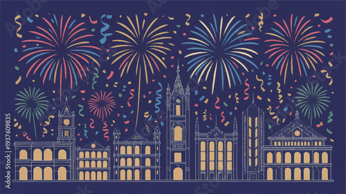 Vibrant fireworks explode above historic city skyline at dusk celebration night