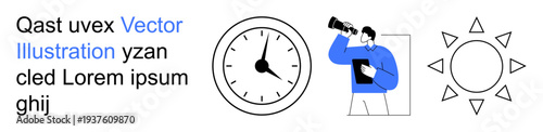 Time tracking, exploration, analysis, simplicity, monitoring, weather. A clock, a person using binoculars and a sun symbol in minimalist style. Time tracking and exploration concept