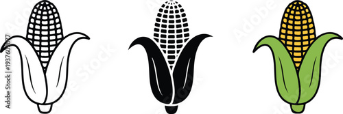 Corn on the cob icon set with outline, black solid and flat yellow styles, agriculture food vegetable vector illustration collection
