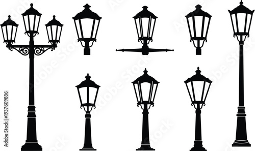 Black silhouette vector illustration set of eight vintage street lamps with ornate designs, classic urban architecture concept on white background