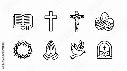 Easter and christian faith symbols including bible cross crucifix eggs crown of thorns praying hands dove and tombstone