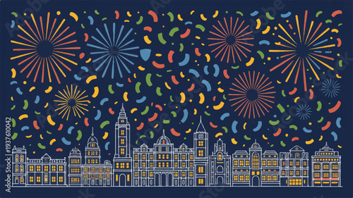 Colorful fireworks exploding over a city skyline at night with confetti