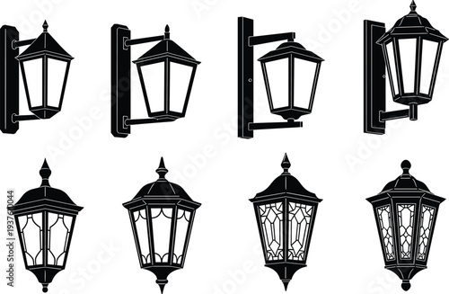 Vintage Wall Lantern Silhouette Set, Black Outdoor Street Light Fixture Collection Vector Illustration for Classic Exterior Lighting Design