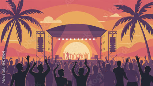Vibrant outdoor concert scene with silhouetted crowd and stage under a warm sunset with palm trees
