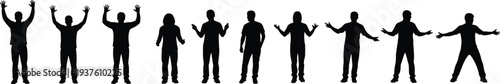 People silhouettes set showing men standing with raised arms open gestures expressing emotion communication isolated black vector illustration collection