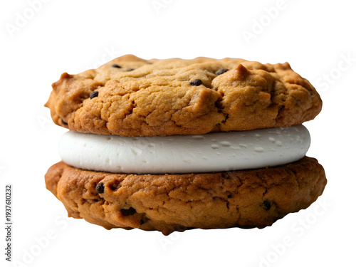 Deliciously sweet cookie sandwich filled with fluffy cream, perfect for a delightful snack, isolated on a white background