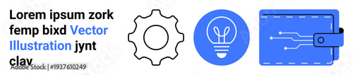 Technology, innovation, mechanics, digital transformation, savings, creative solutions. A gear, light bulb and digital wallet. Technology and innovation concepts