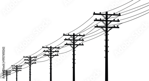 Black silhouette vector illustration of utility poles with power lines in perspective, electrical infrastructure design concept on white background