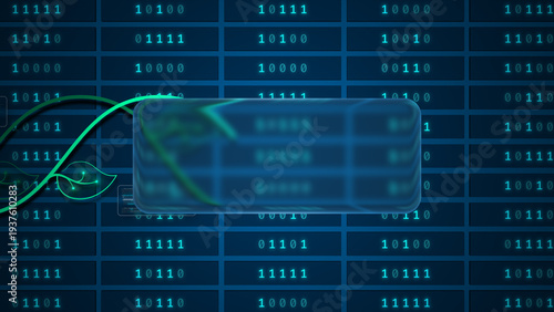 Glowing plant circuit flowing across binary server grid with glassmorphism panel, seamless loop