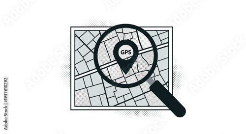 GPS Location Search Concept with Map, Magnifying Glass, and Navigation Pin for Route Finding, Geolocation Tracking, and Digital Mapping Services