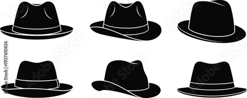 Fedora Hat Silhouette Set, Black Classic Vintage Fashion Headwear Collection Vector Illustration for Retro Style Design Elements