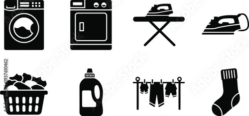 Laundry and Ironing Icon Set – Washing Machine, Dryer, Detergent, Clothesline, Sock, Basket, Iron, Vector Symbols