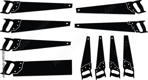 Hand Saw Silhouette Set, Black Carpentry Woodworking Tools Collection Vector Illustration for Construction Repair Hardware Design Elements