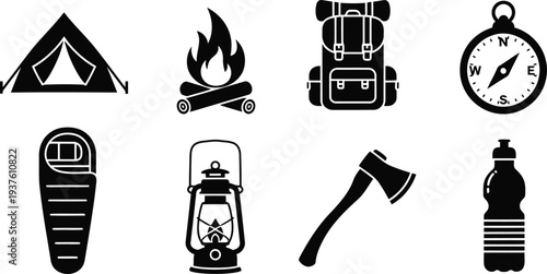 Camping equipment icons set with tent, backpack, campfire, compass, lantern, axe, sleeping bag, and water bottle