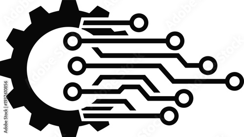 Abstract technology gear illustration with digital circuit lines symbolizing automation innovation engineering artificial intelligence electronics industry vector icon design modern futuristic concept