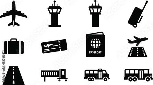 Black Airport and Travel Icon Set Featuring Airplane, Passport, Luggage, Bus, and Control Tower Symbols