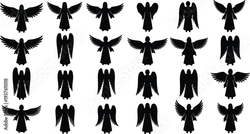 Angel winged silhouette figures collection isolated on white background guardian heavenly spiritual religious symbols flat vector illustration set