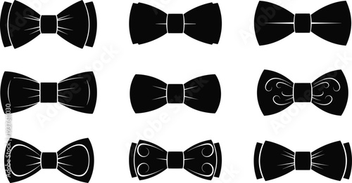 Black bow tie silhouette vector illustration set with nine unique designs in grid, stylish fashion accessory concept on white background