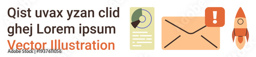 Communication, notifications, data sharing, email management, analysis, and growth. Icon set features a graph, envelope with alert symbol and rocket. Communication and notification concepts