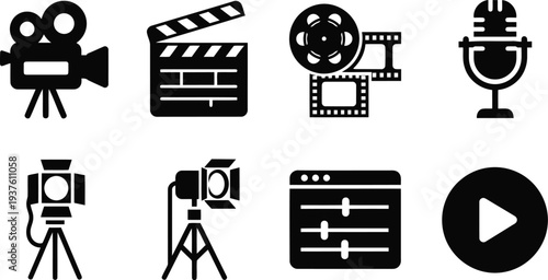 Film Production and Media Equipment Icon Set for Video Editing and Broadcasting Projects