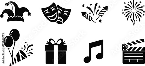 Black Silhouette Party and Celebration Icon Set with Balloons, Fireworks, Gift, Music, and Theater Masks