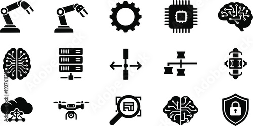 Artificial Intelligence and Robotics Icon Set – Machine Learning, Automation, Neural Network, Cybersecurity Symbols