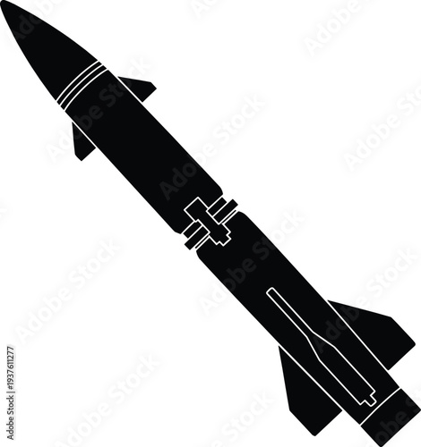 Military Missile Silhouette Icon, Black Rocket Weapon Vector Illustration Isolated for Defense Industry Technology War Concept Design