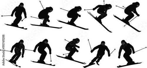 Skiing silhouettes set showing dynamic winter sport action poses, skier jumps, downhill motion, freestyle tricks, active lifestyle vector illustration isolated collection