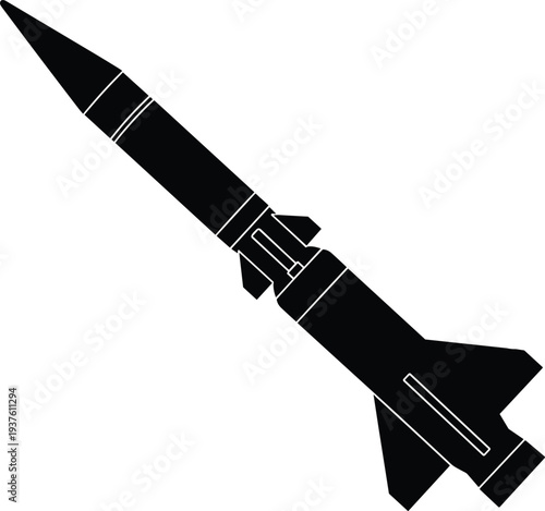Ballistic Missile Silhouette Icon, Black Military Rocket Vector Illustration Isolated for Defense Technology Warfare Industry Concept Design