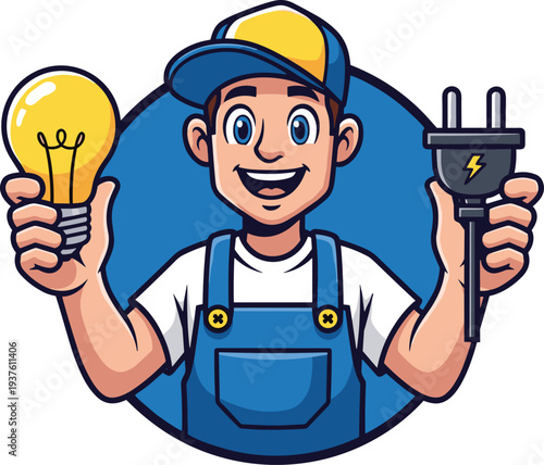 Cartoon electrician character smiling with glowing light bulb and electric plug lightning bolt symbol, energy power concept vector illustration blue background