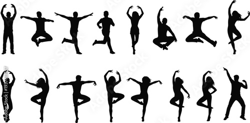 Dancing human silhouettes collection in dynamic poses, expressive male and female figures jumping, ballet and modern dance movements isolated vector illustration set
