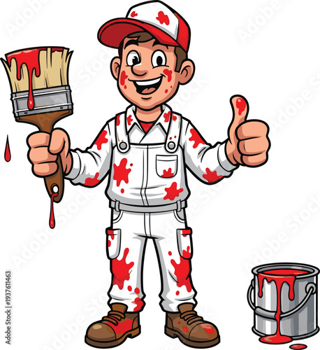 Cartoon painter character smiling with dripping red paintbrush and paint can, thumbs up gesture, messy painting work vector illustration background