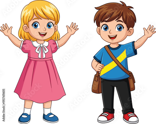 Cute cartoon boy and girl characters waving, happy children illustration in colorful outfits isolated on light background vector set