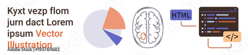 Data analysis, neuroscience, programming, technology concepts, research visuals, digital education. A pie chart, brain illustration and code editor interface. Data analysis and neuroscience