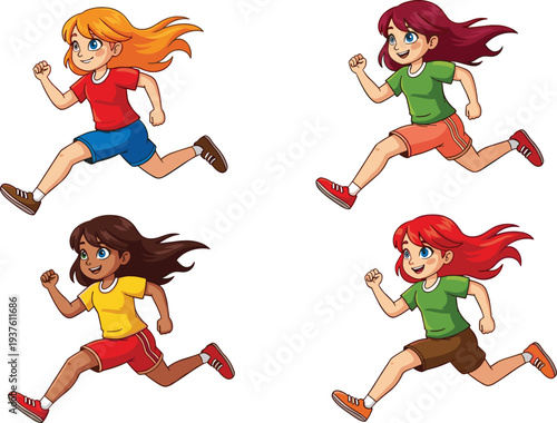 Cartoon running girls characters set, active kids jogging in different outfits and hair colors, dynamic children illustration isolated background vector