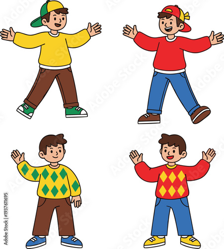 Cute cartoon boy characters set in different outfits and poses, happy children illustration collection isolated on light background vector