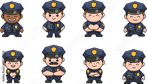 Cute Police Officer Characters Collection, Cartoon Policemen and Policewomen in Uniform Vector Illustration Set Isolated on White Background Design