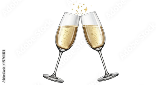 Two Champagne Flutes Toasting with Sparkling Bubbles and Golden Stars