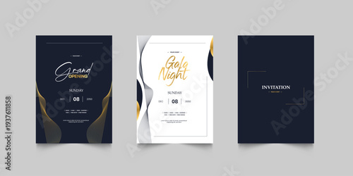 Grand Opening poster celebration with golden shape line ribbon drapery element decoration for luxury elegant vip royal poster with white background