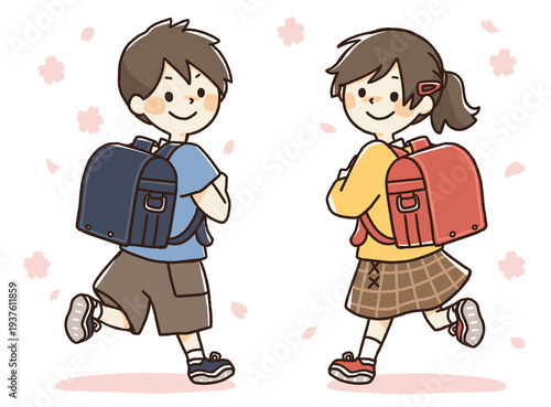 Bild auf Leinwand 小学生男女ふたりのイラスト