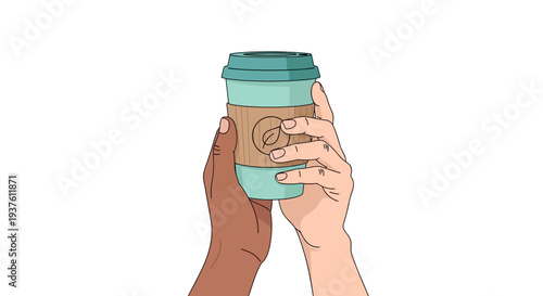 Two hands holding a teal coffee cup with a leaf logo