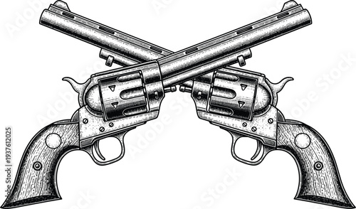 Crossed Vintage Revolvers Engraved Hand Drawn Illustration, Classic Wild West Pistols Isolated on White Background, Retro Firearms Vector Design