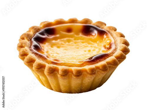 A single, freshly baked custard tart showcasing its golden, caramelized crust and rich, creamy filling, expertly isolated on a pure white background, ready for a delectable dessert experience