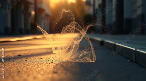 A mysterious glowing light swirls on an empty city street at sunset