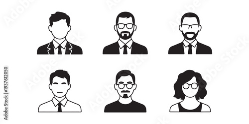 Set of minimalist business avatar icons featuring diverse male and female portraits design