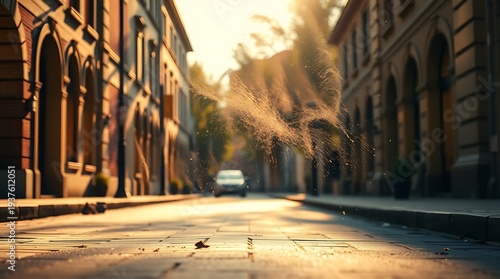 A serene city street at sunset with water spraying in the air