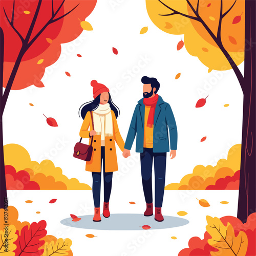 A cartoon illustration of a young couple walking hand in hand through an autumnal scene with vibrant orange and yellow leaves, surrounded by trees and foliage.